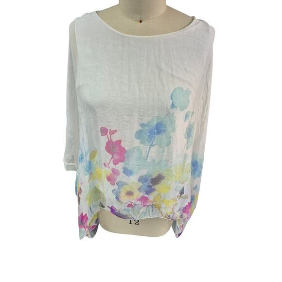 Elena Baldi Women Silk Top White Floral Asymmetrical Hem Italy Classic Fairy L - Picture 4 of 6